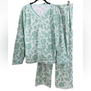 Garnet Hill Asian Wrap Pajamas Organic Cotton Green Floral Print Size Large
